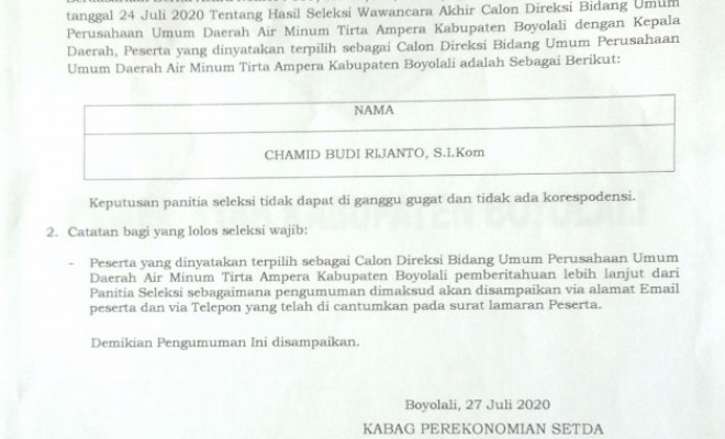 HASIL SELEKSI WAWANCARA AKHIR CALON DIREKSI BIDANG UMUM PERUSAHAAN UMUM DAERAH AIR MUNIM TIRTA AMPERA KABUPATEN BOYOLALI